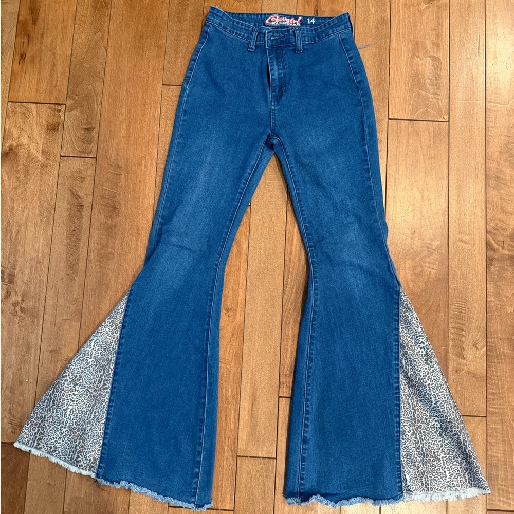 Chic Blue Flared Kids Jeans with Leopard Print